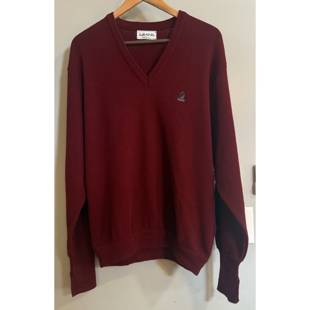 Vintage Izod Sweater Acrylic‎ V-Neck Pullover Crest Logo USA Made Large
